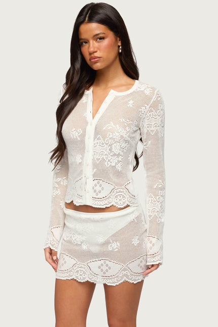 Rusa Button Up Sheer Crochet Top