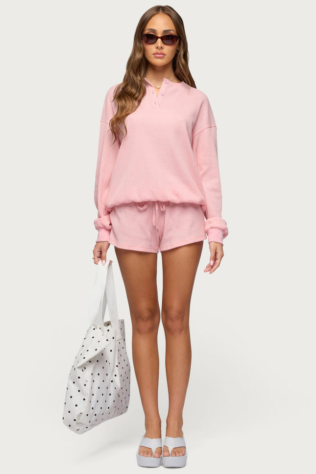 Baila Waffle Henley Top - Pink