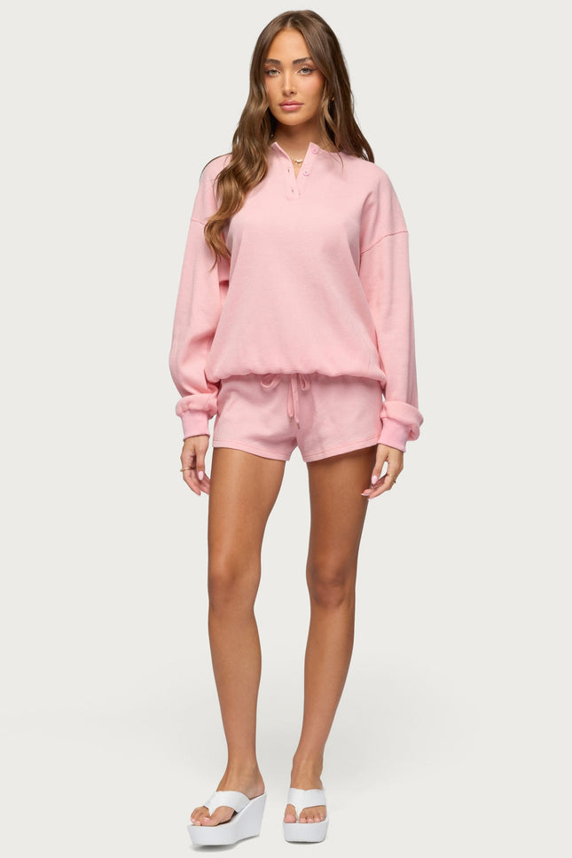 Baila Waffle Henley Top - Pink