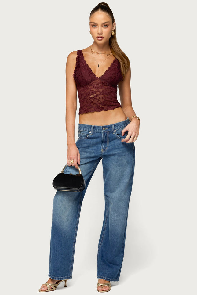 Vanya Sheer Lace V Neck Top - Plum