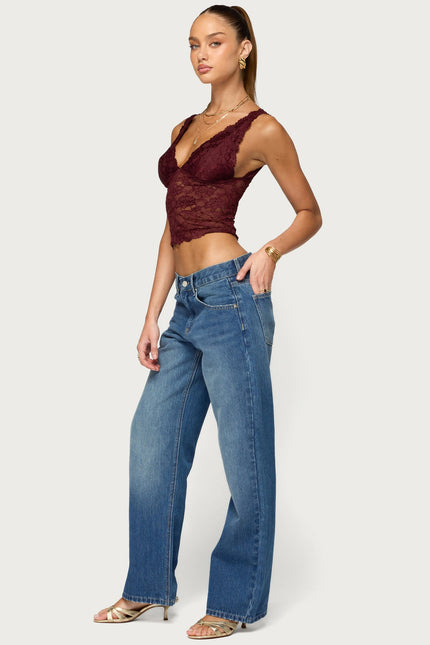 Vanya Sheer Lace V Neck Top - Plum