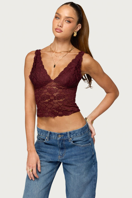 Vanya Sheer Lace V Neck Top - Plum