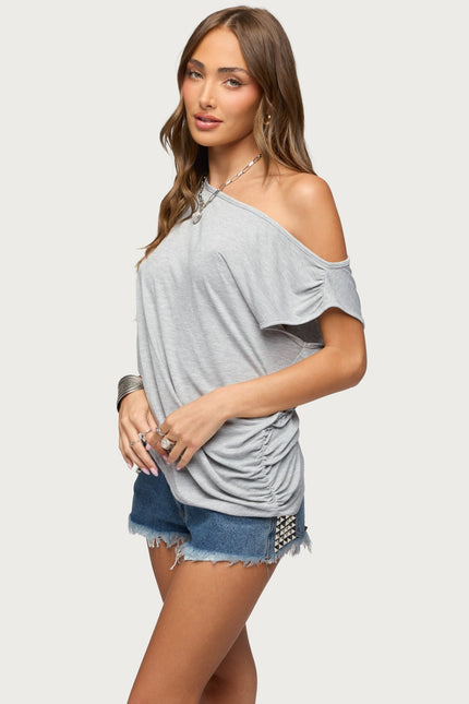 Ofelia Asymmetric Off Shoulder Ruched Top - Gray Melange