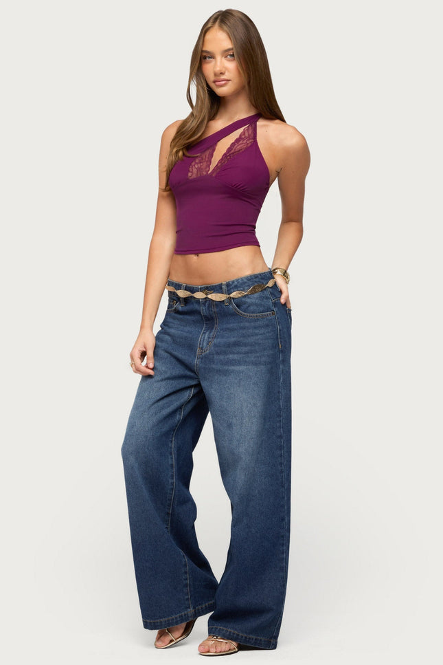 One Shoulder Peekaboo Lacey Cutout Top - Plum