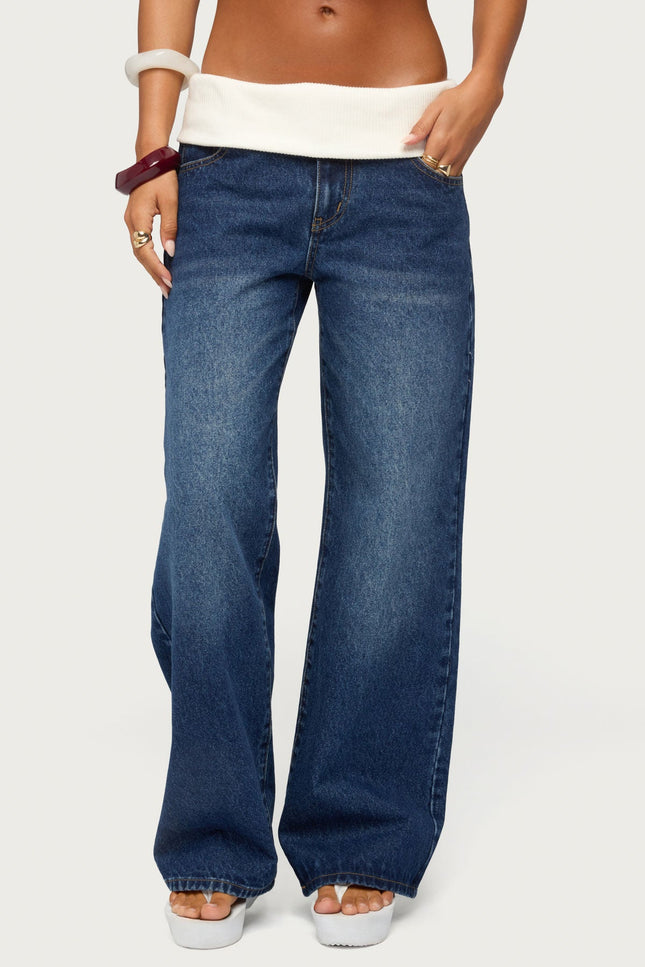 Knit Foldover Low Rise Baggy Jeans - Medium Blue Washed