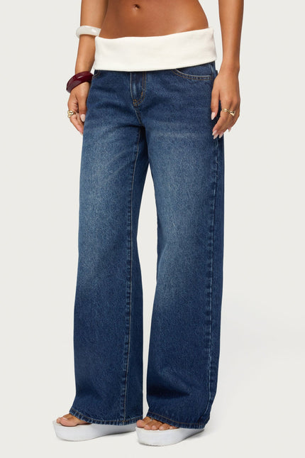 Knit Foldover Low Rise Baggy Jeans - Medium Blue Washed