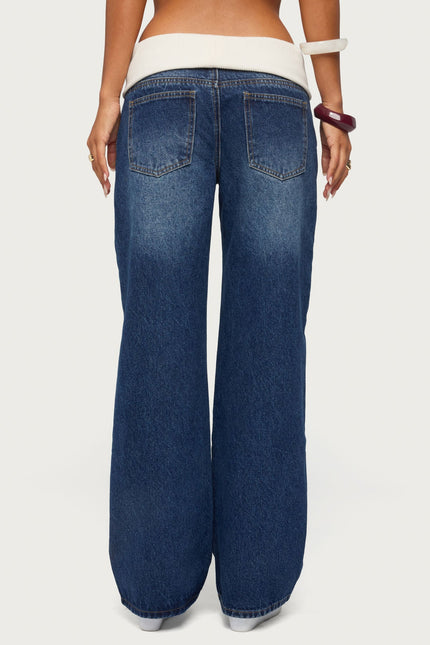 Knit Foldover Low Rise Baggy Jeans - Medium Blue Washed