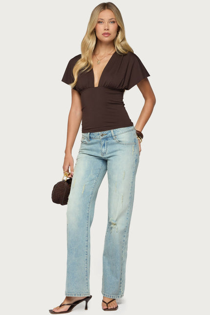 Flutter Plunging V Neck Top - Dark Brown