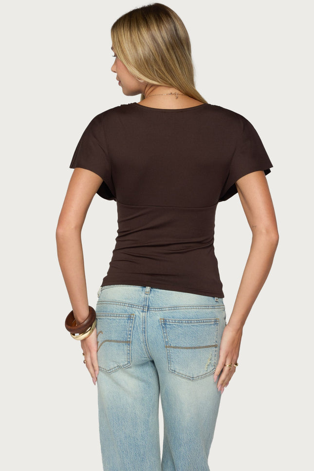 Flutter Plunging V Neck Top - Dark Brown