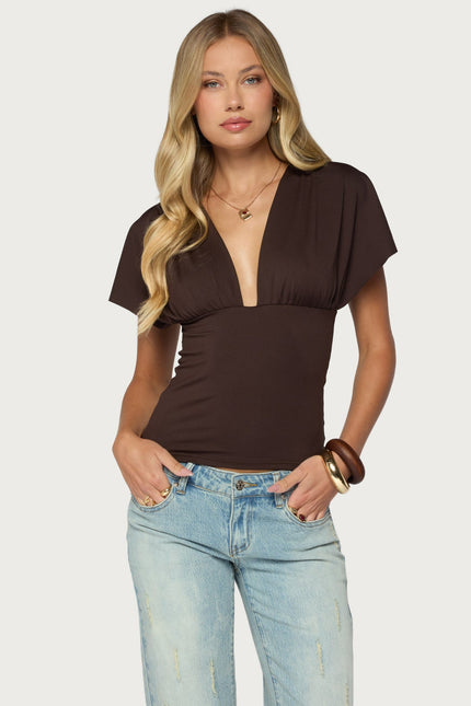 Flutter Plunging V Neck Top - Dark Brown