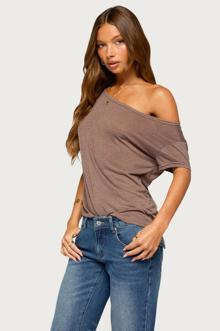 Amora Off Shoulder Sheer Top - Brown