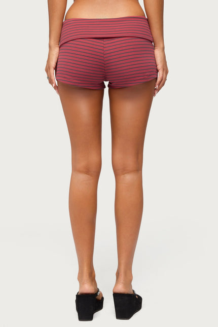 Monikah Striped Foldover Micro Shorts - Red