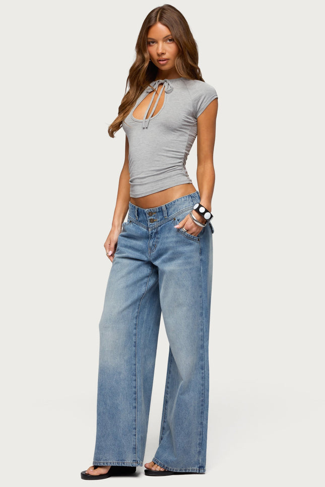 Karlah Keyhole Cutout Top - Gray Melange