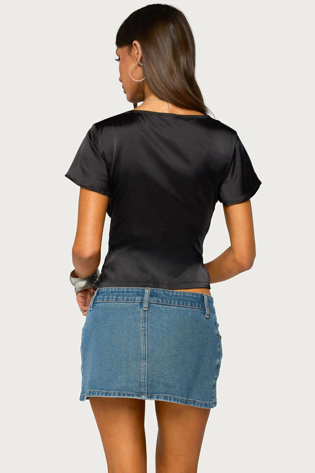 Aurora Satin Effect Ruffle Top - Black