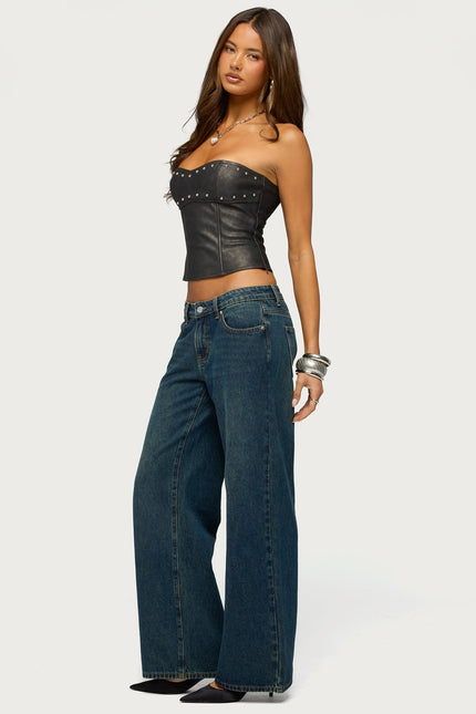 Izara Studded Faux Leather Corset - Black Washed