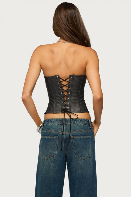 Izara Studded Faux Leather Corset - Black Washed