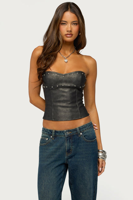 Izara Studded Faux Leather Corset - Black Washed