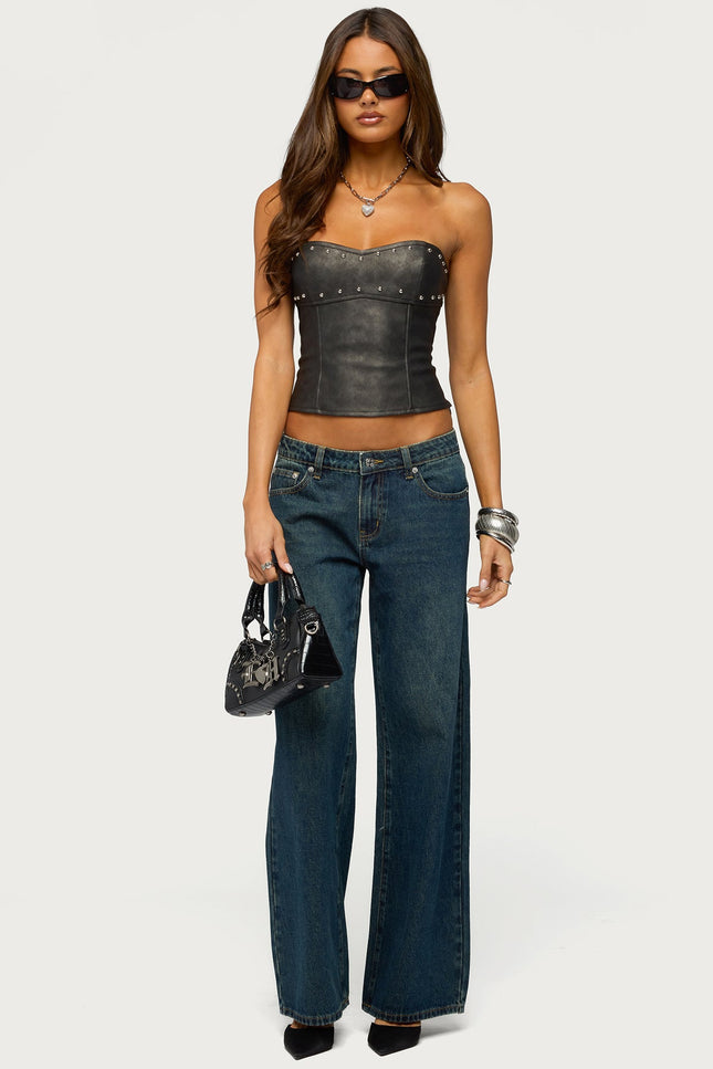 Izara Studded Faux Leather Corset - Black Washed