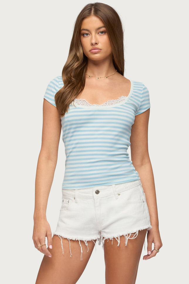 Layered Lacey Striped T Shirt - Light Blue