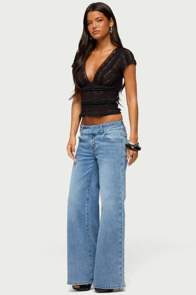 Avalee Sheer Lace V Neck Top - Black