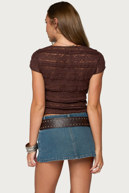 Avalee Sheer Lace V Neck Top - Brown