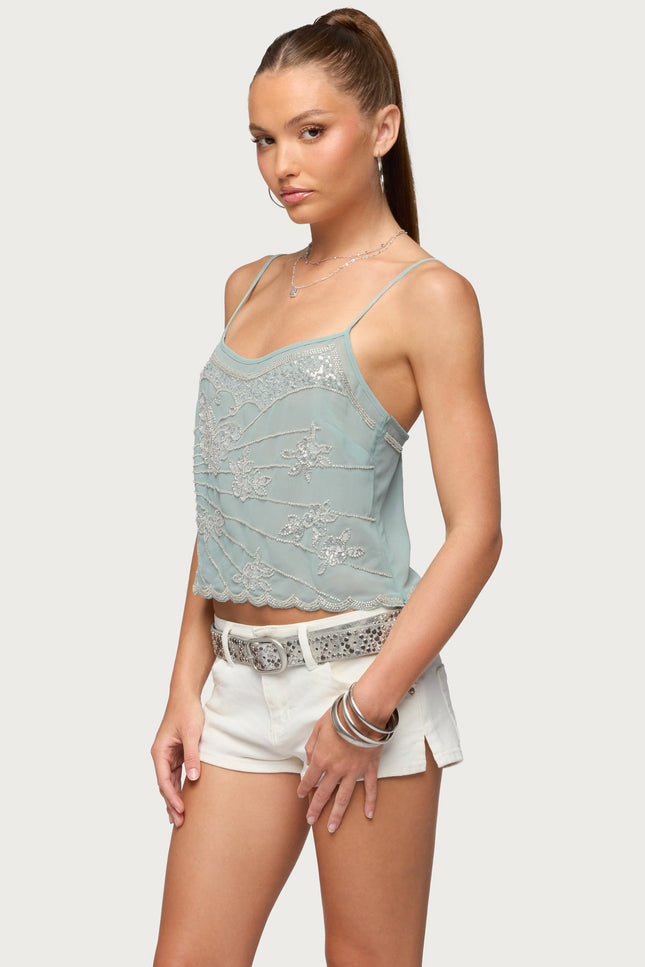 Bead & Sequin Chiffon Tank Top - Sage
