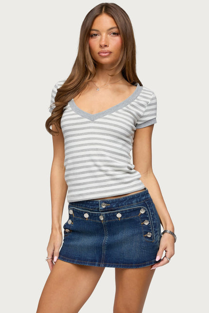Antonela Striped V Neck T Shirt - Gray And White
