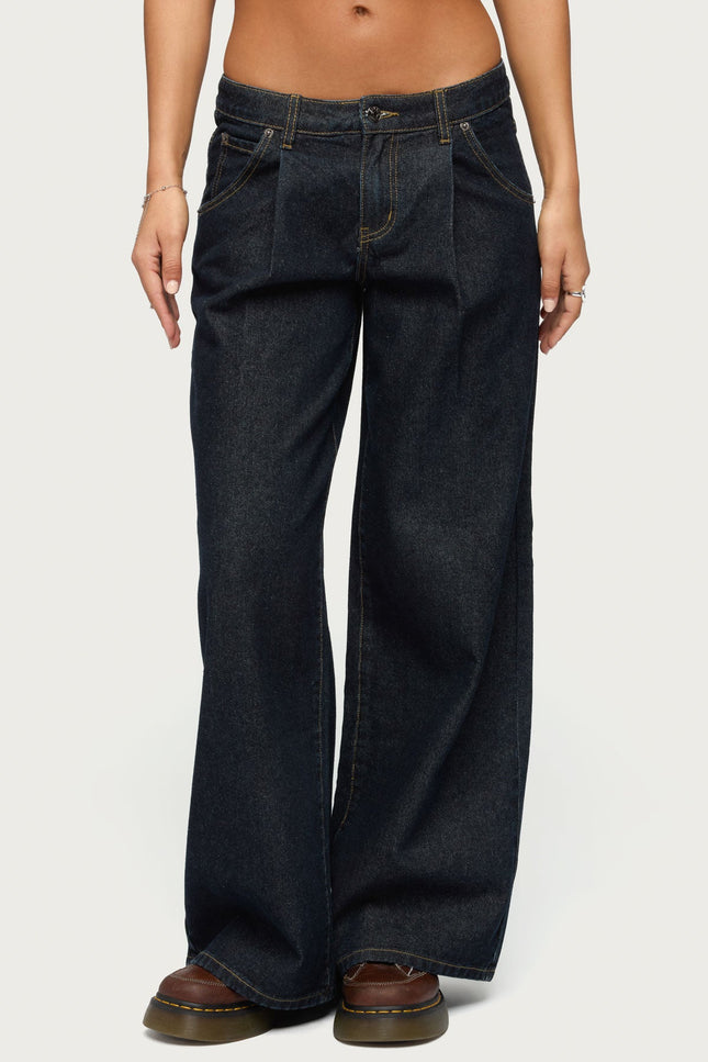 Pleated Low Rise Wide Leg Jeans