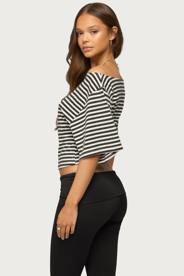 Jadan Striped Off Shoulder Top - Dark Gray And White