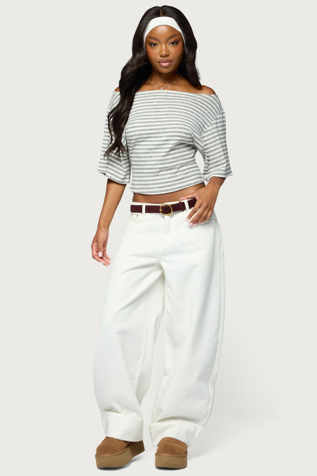 Jadan Striped Off Shoulder Top - Light Gray Melange