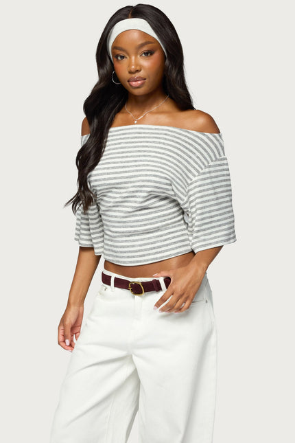 Jadan Striped Off Shoulder Top - Light Gray Melange