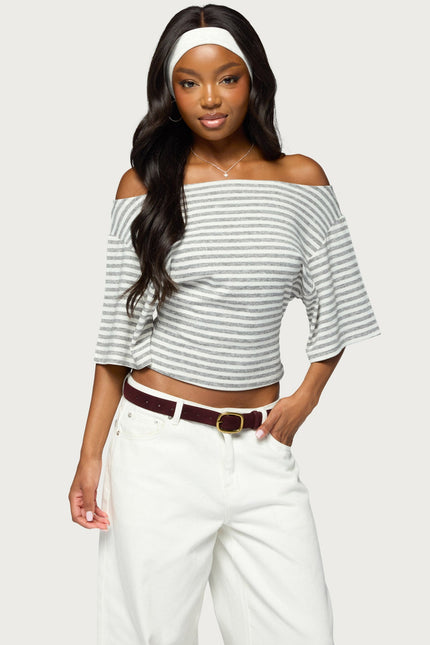 Jadan Striped Off Shoulder Top - Light Gray Melange