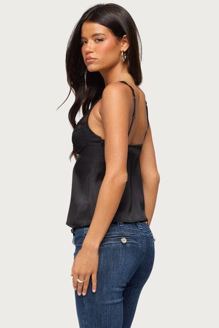 Vikkey Lacey Satin Effect Tank Top - Black
