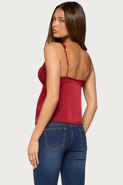 Vikkey Lacey Satin Effect Tank Top - Dark Red