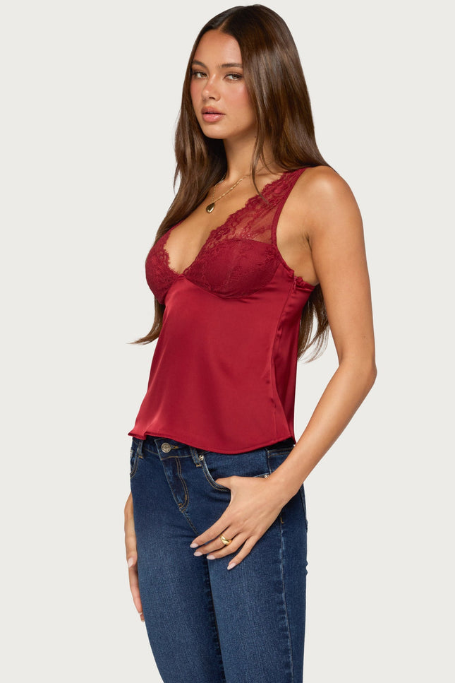 Vikkey Lacey Satin Effect Tank Top - Dark Red