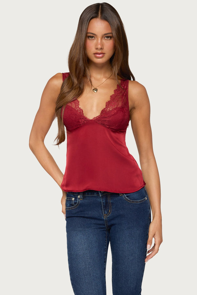 Vikkey Lacey Satin Effect Tank Top - Dark Red