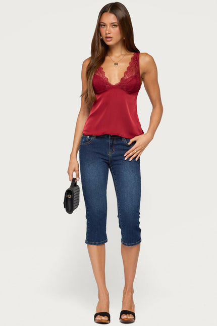 Vikkey Lacey Satin Effect Tank Top - Dark Red