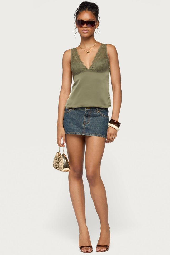 Vikkey Lacey Satin Effect Tank Top - Olive