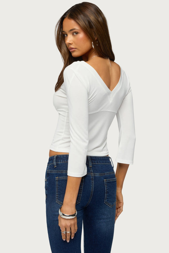 Mar V Neck Three-Quarter Sleeve Top - Cream