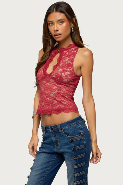 Frieda Keyhole Cutout Lace Top - Burgundy