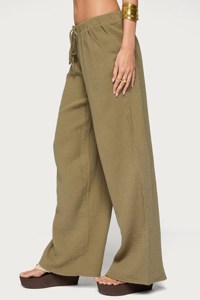 Viktoria Wide Leg Gauze Pants - Olive