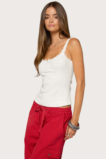 Contrast Stitched Lacey Henley Top - Light Gray Melange