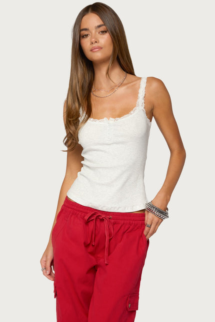 Contrast Stitched Lacey Henley Top - Light Gray Melange