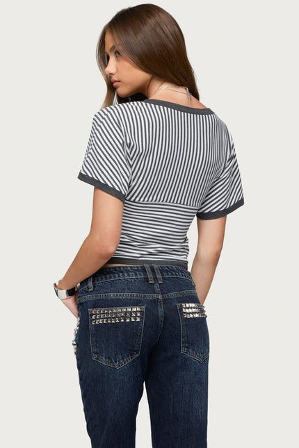 Primrosa Striped V Neck Flutter Top - Dark Gray Melange