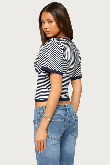 Primrosa Striped V Neck Flutter Top - Navy And White