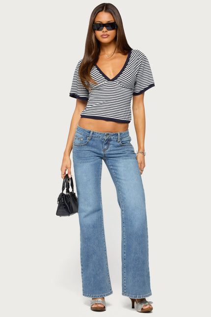Primrosa Striped V Neck Flutter Top - Navy And White