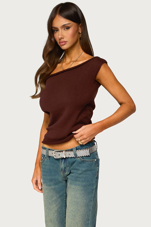 Lauria Off Shoulder Knit Top - Brown