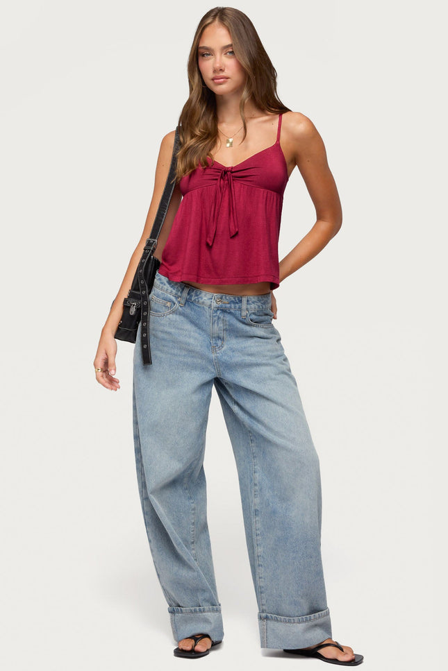 Michey Tie Front Babydoll Tank Top - Burgundy