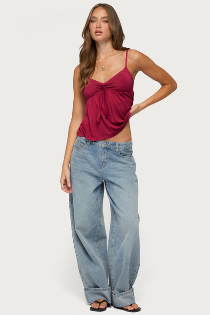Michey Tie Front Babydoll Tank Top - Burgundy