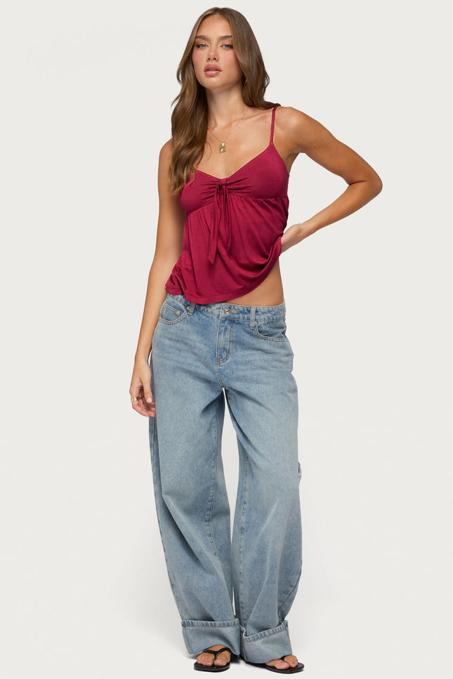 Michey Tie Front Babydoll Tank Top - Burgundy